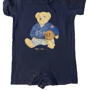 Vintage Ralph Lauren Blue Label Polo Bear Basketball romper  bodysuit Size 6-12M